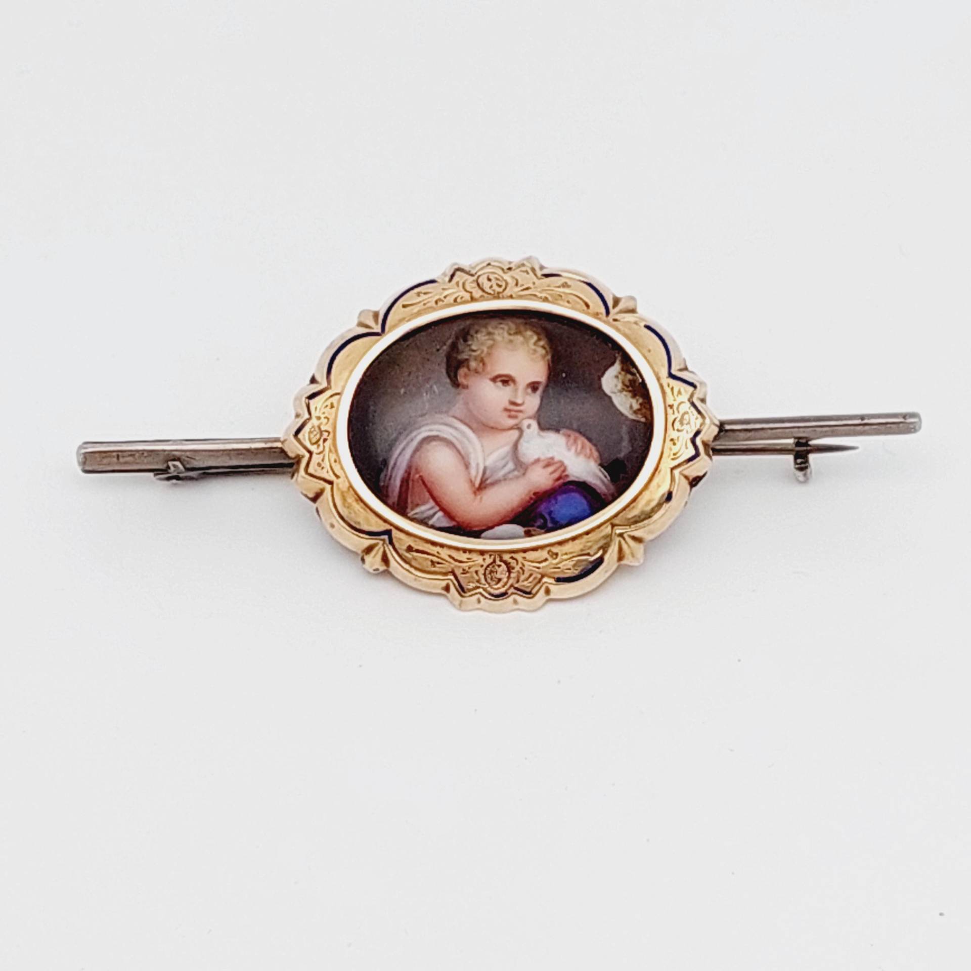 Antike Biedermeier Double Brosche Mit Porzellan Bild Junge Taube von SchmuckparadiesShop