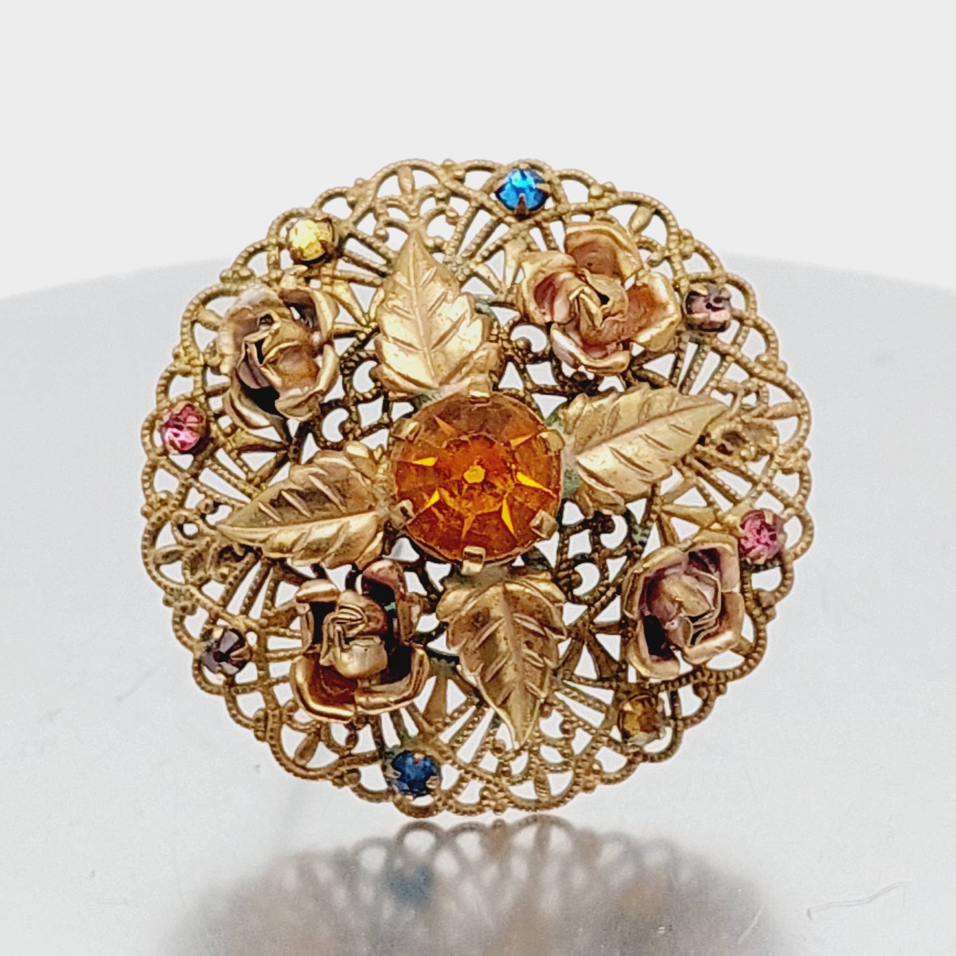 Antike Double Brosche Rosen Mit Bunten Steinen Biedermeier Schmuck von SchmuckparadiesShop