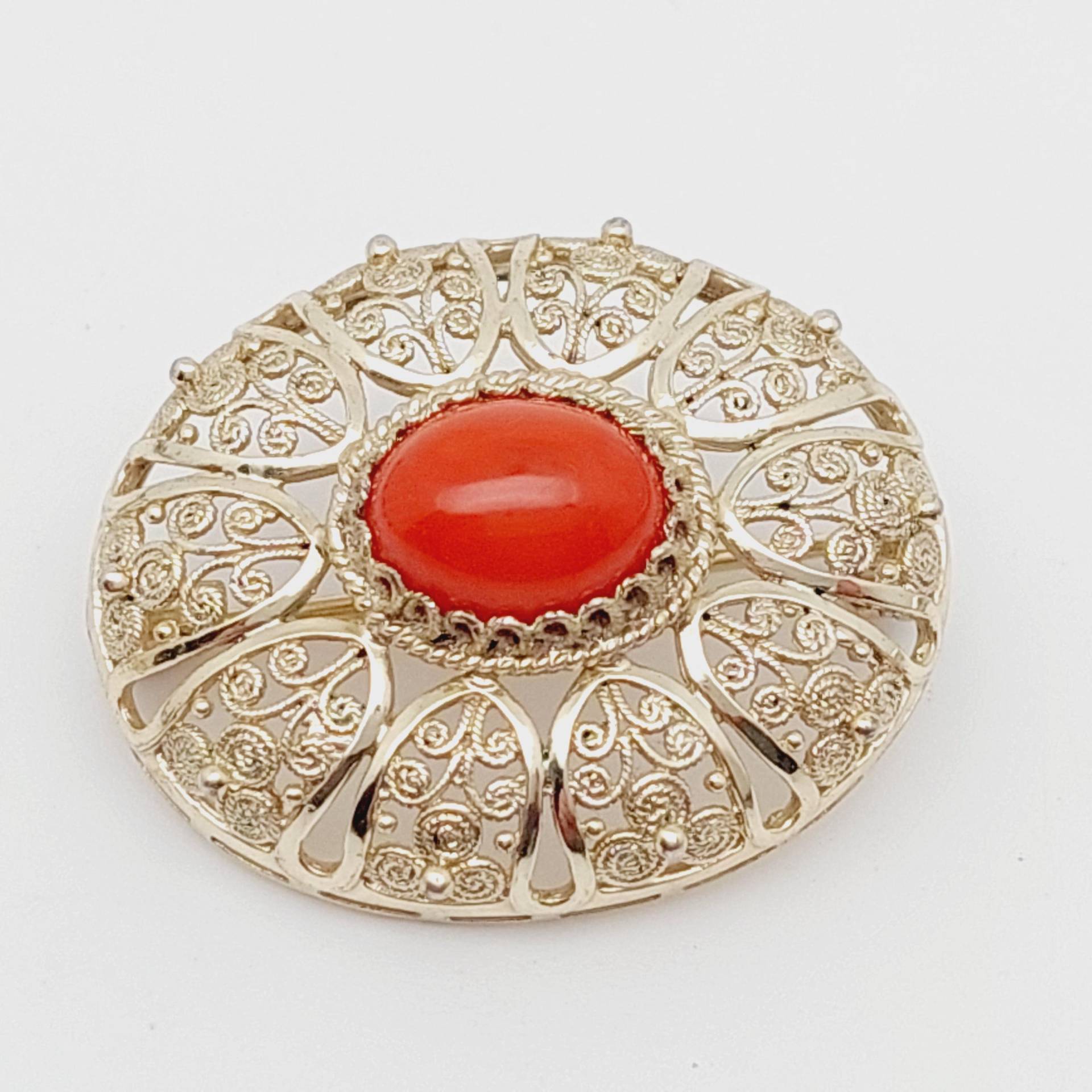 Antike Jugendstil 800 Silber Brosche Mit Koralle Art Nouveau Filigran Schmuck Oval von SchmuckparadiesShop