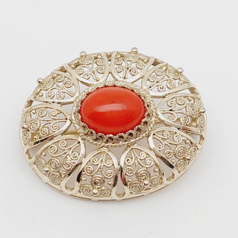 Antike Jugendstil 800 Silber Brosche Mit Koralle Art Nouveau Filigran Schmuck Oval Antike Jugendstil 800 Silber Brosche Mit Koralle Art Nouveau Filigran Schmuck Oval von SchmuckparadiesShop