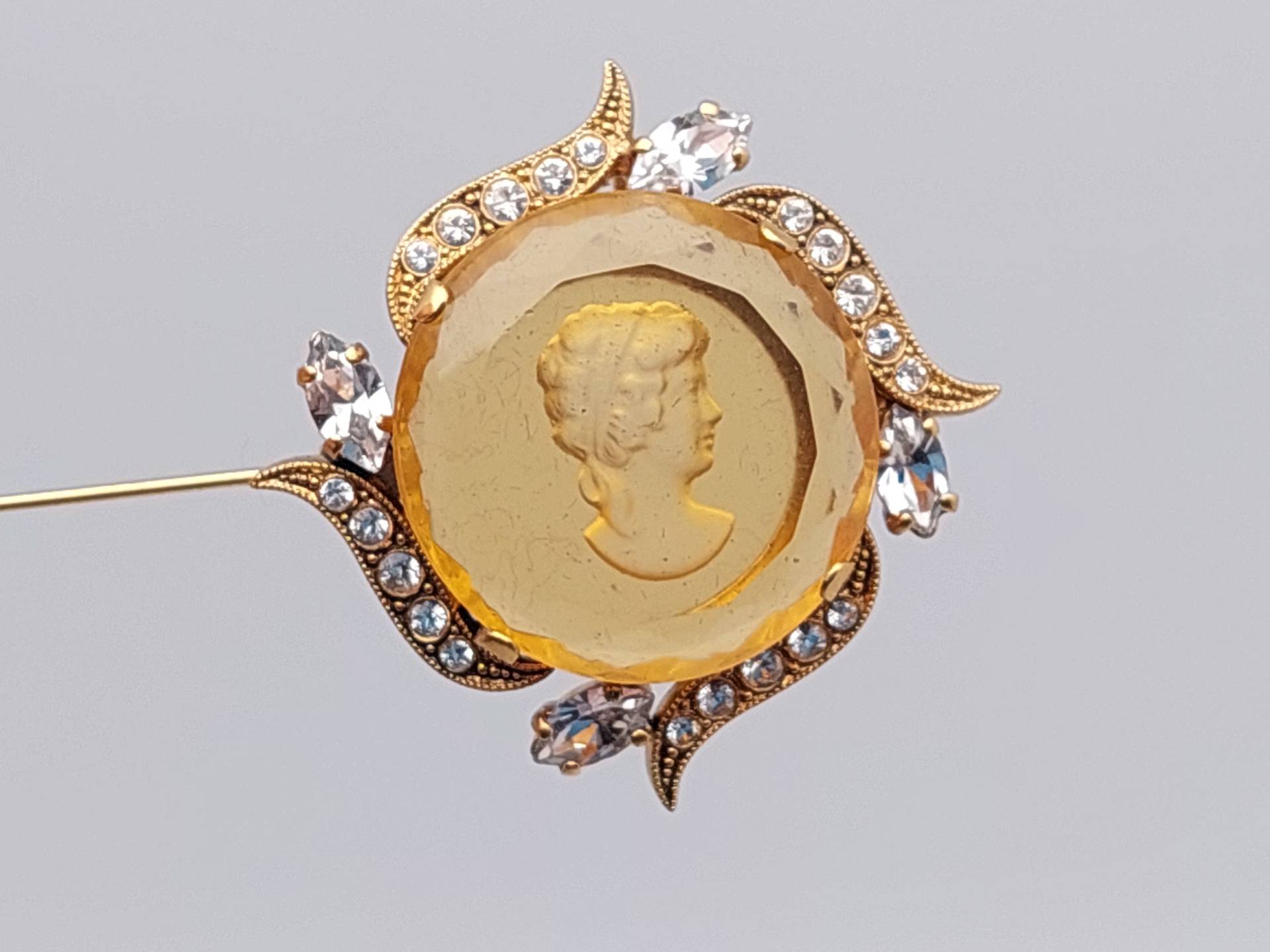 Antike Jugendstil Double Brosche Frau Glas Gemme Kamee Gelber Stein von SchmuckparadiesShop