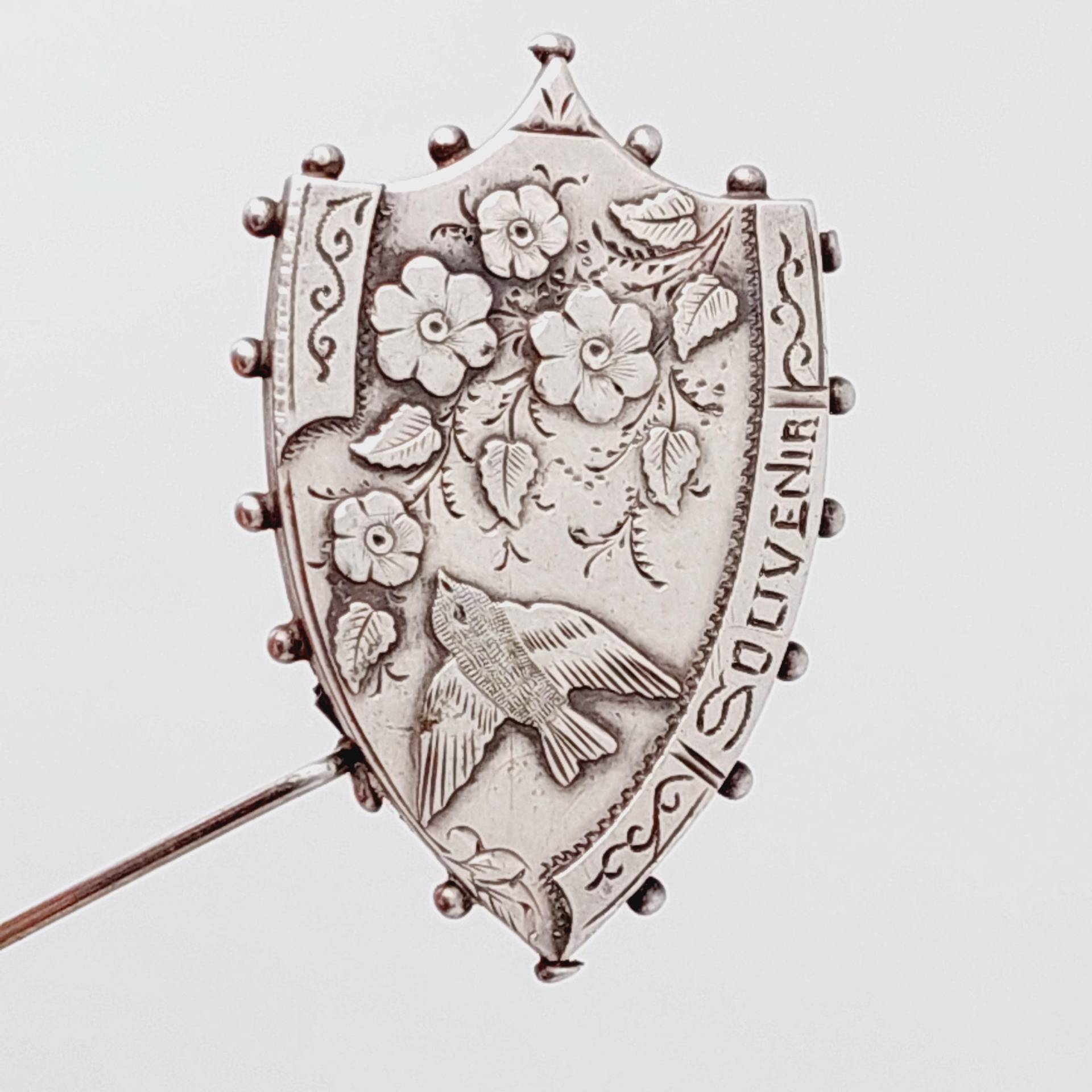 Antike Silberne Jugendstil Brosche Blumen Vogel Souvenir Filigranschmuck von SchmuckparadiesShop