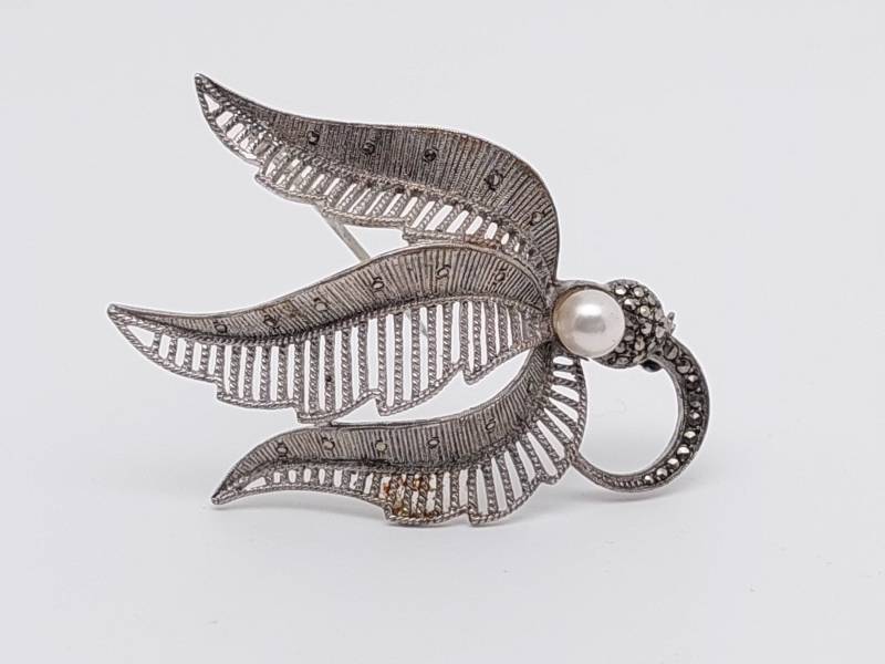 Antike Theodor Fahrner 925 Silber Brosche Mit Perle Markasiten von SchmuckparadiesShop