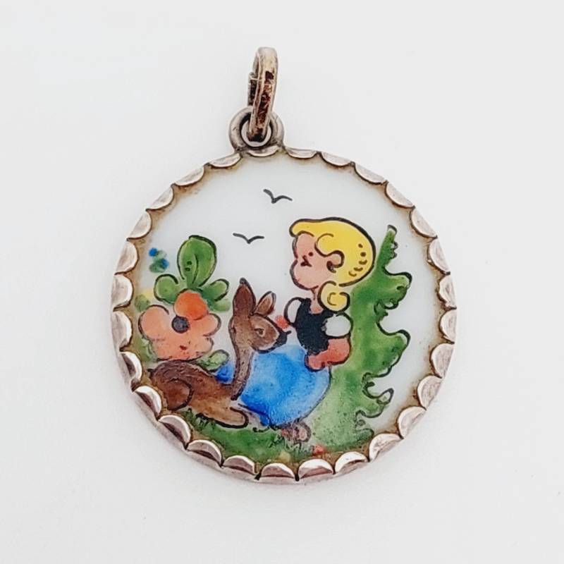 Antiker 800 Silber Anhänger Mädchen Mit Reh Porzellan von SchmuckparadiesShop