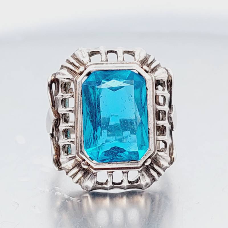 Antiker 835Er Silber Jugendstil Ring Mit Blauem Stein Aquamarin Farbend Gr 12 Us 6 von SchmuckparadiesShop