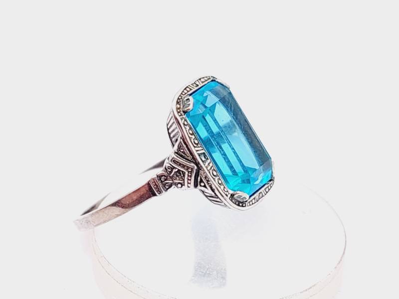 Antiker 935Er Silber Jugendstil Ring Mit Blauem Stein Aquamarin Farbend Gr 15 Us 7 von SchmuckparadiesShop