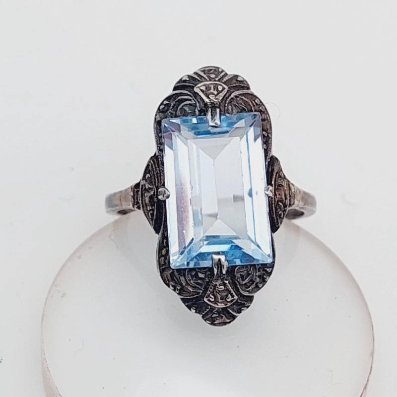 Antiker 935Er Silber Ring Aquamarin Farbender Stein Hellblau Antiker Schmuck Ringgrösse 10 von SchmuckparadiesShop