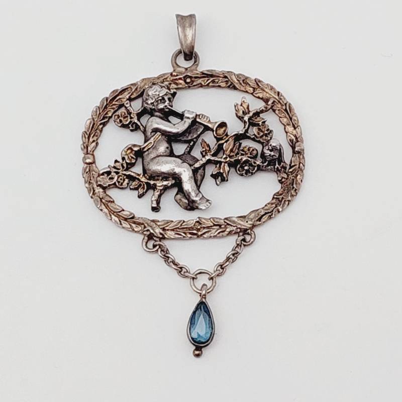 Antiker Jugendstil Silber Anhänger Musizierender Engel Hellblau Geschliffener Stein Aquamarin Farbe Silberanhänger von SchmuckparadiesShop