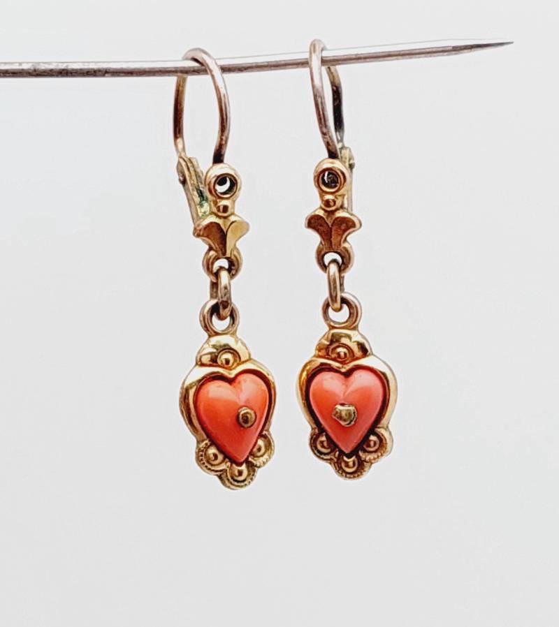 Biedermeier Double Ohrringe Ohrhänger Hängeohrringe Herz Mit Koralle von SchmuckparadiesShop
