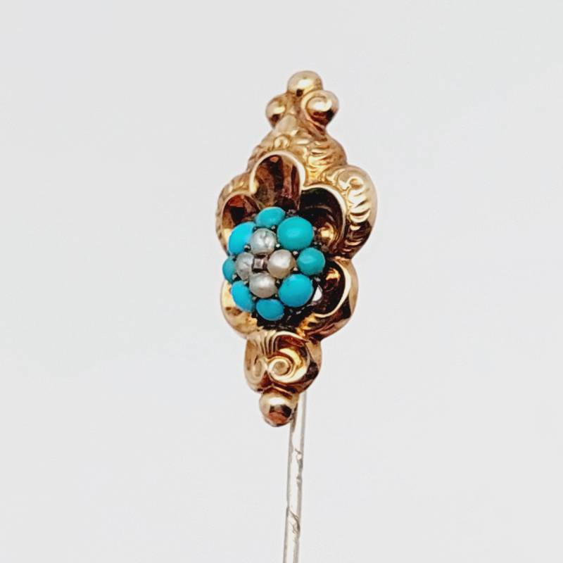 Biedermeier Krawattennadel Goldfarbe Tombak Anstecknadel Reversnadel Nadel Mit Türkis Kugeln Saatperlen Antik Brosche von SchmuckparadiesShop