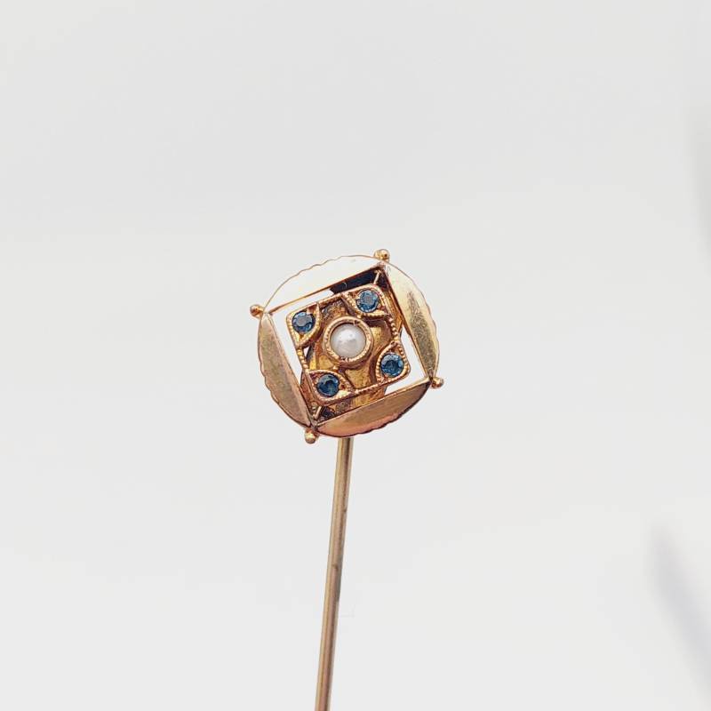 Biedermeier Krawattennadel Goldfarbe Tombak Double Anstecknadel Reversnadel Nadel Mit Blauen Farbstein Antik Perle von SchmuckparadiesShop