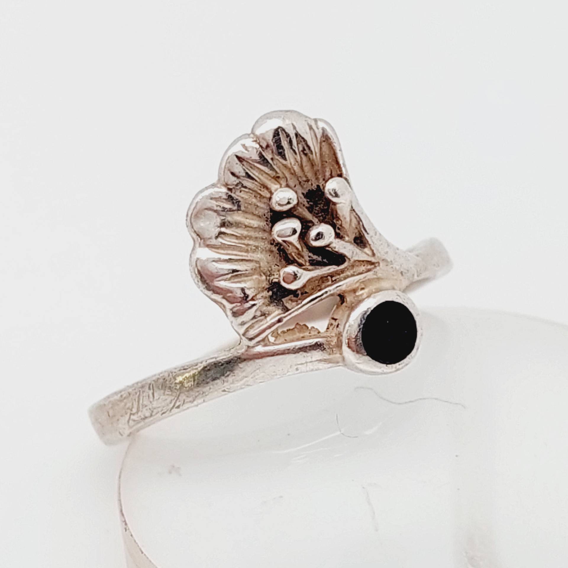 Gr 14 24 Vintage 925 Silberring Filigranschmuck Ring Mit Onyx Stein Ginkgo Jugendstil Retro Stil von SchmuckparadiesShop