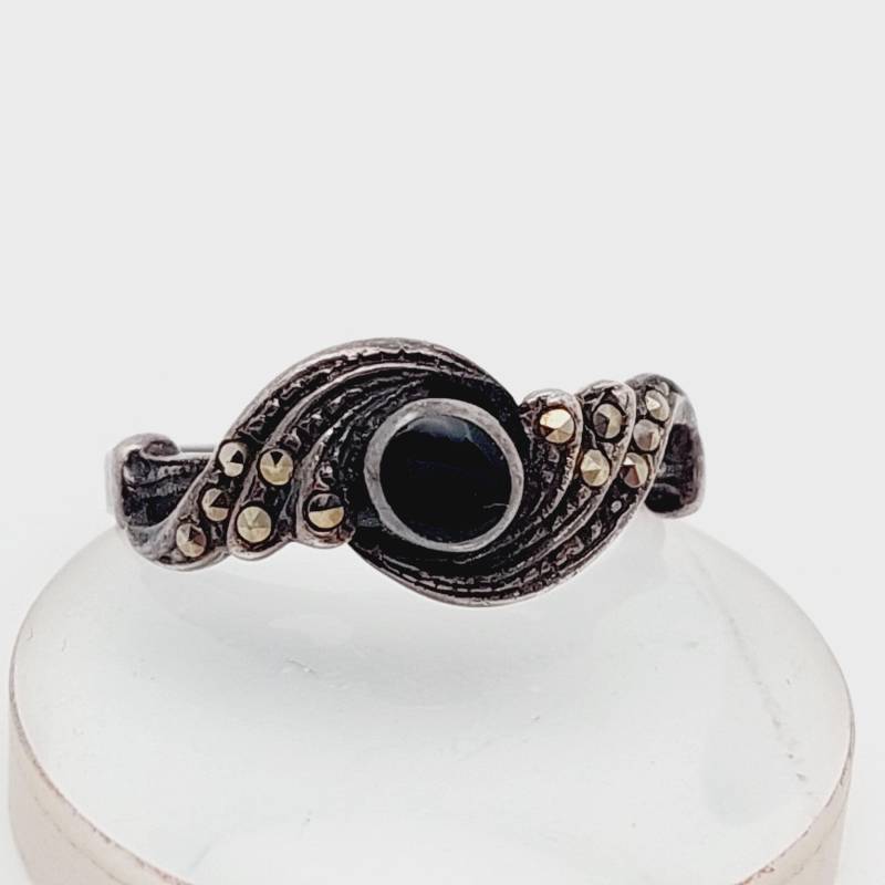 Gr 18 Vintage 925 Silberring Filigranschmuck Ring Mit Onyx Stein Jugendstil Retro Stil von SchmuckparadiesShop