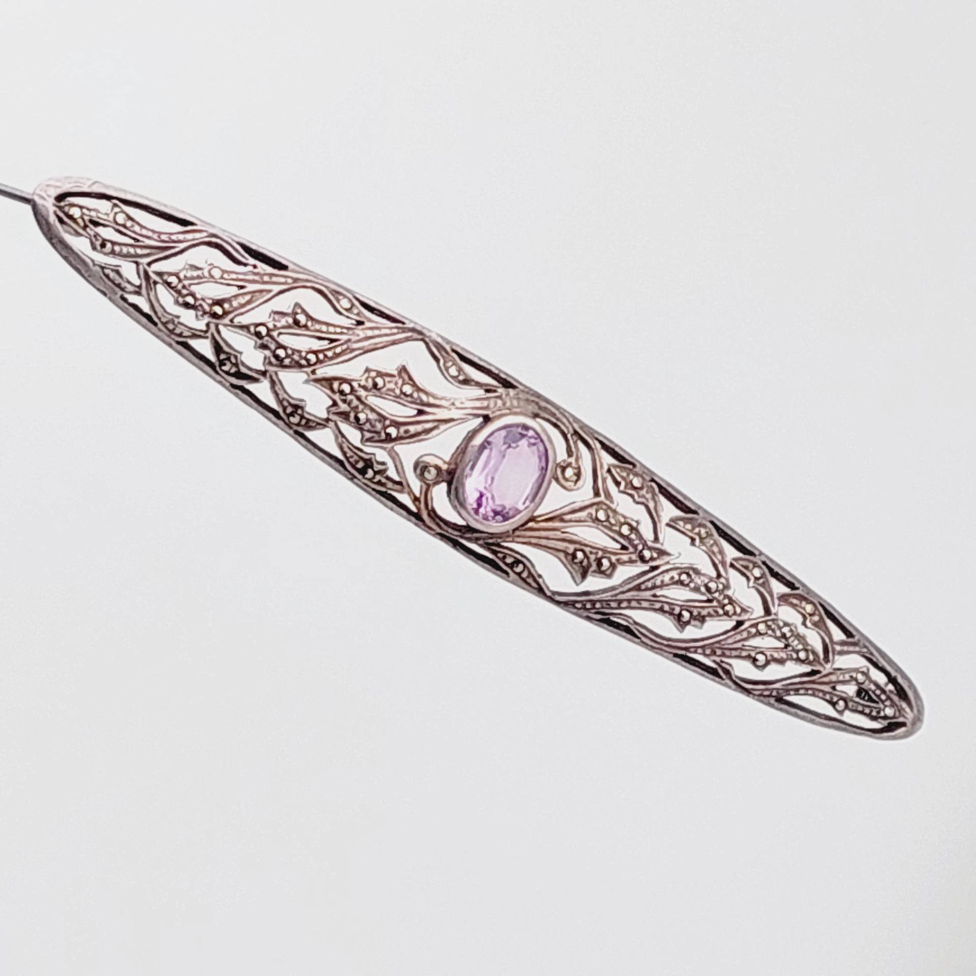 Große Schöne Antike 925Er Silber Stabbrosche Hell Lila Stein Art Deco Brosche Mit Markasiten von SchmuckparadiesShop