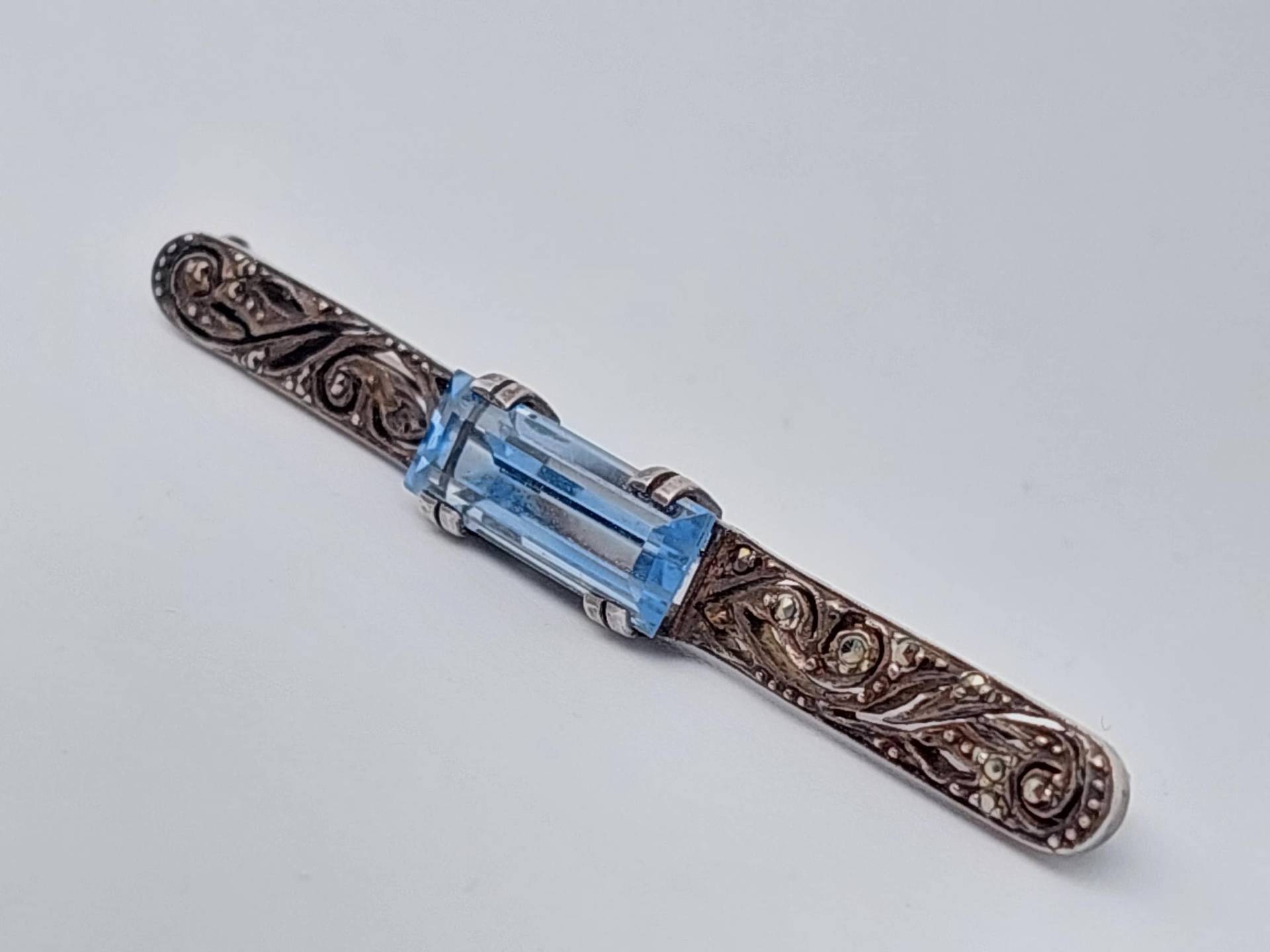 Jugendstil Antike 835Er Silber Stabbrosche Hell Blauer Stein Brosche von SchmuckparadiesShop