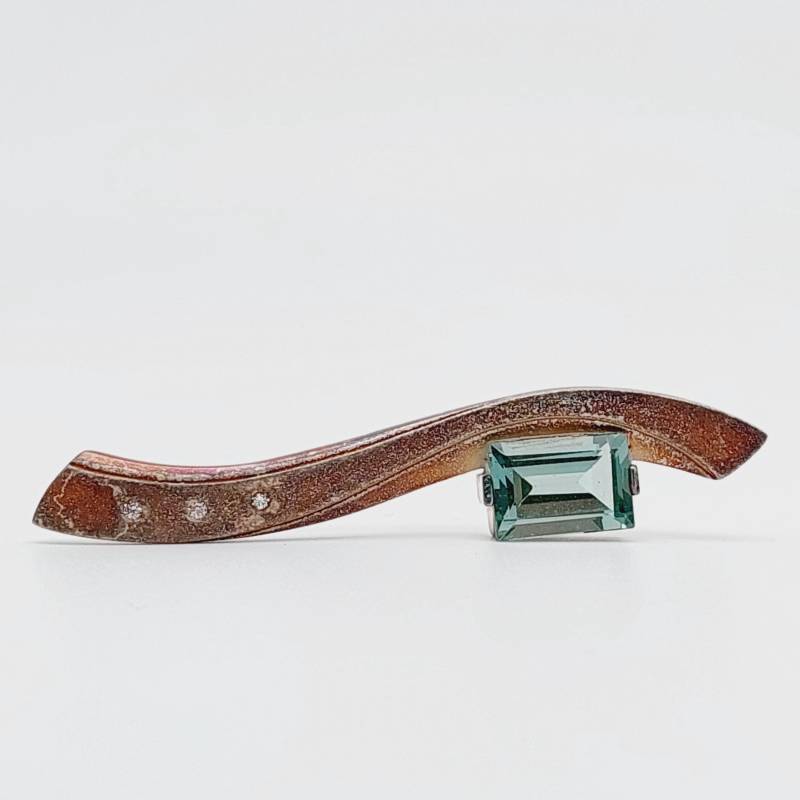 Mid-Century 925Er Silber Brosche Vintage Stabbrosche Design Mit Grünem Steine von SchmuckparadiesShop