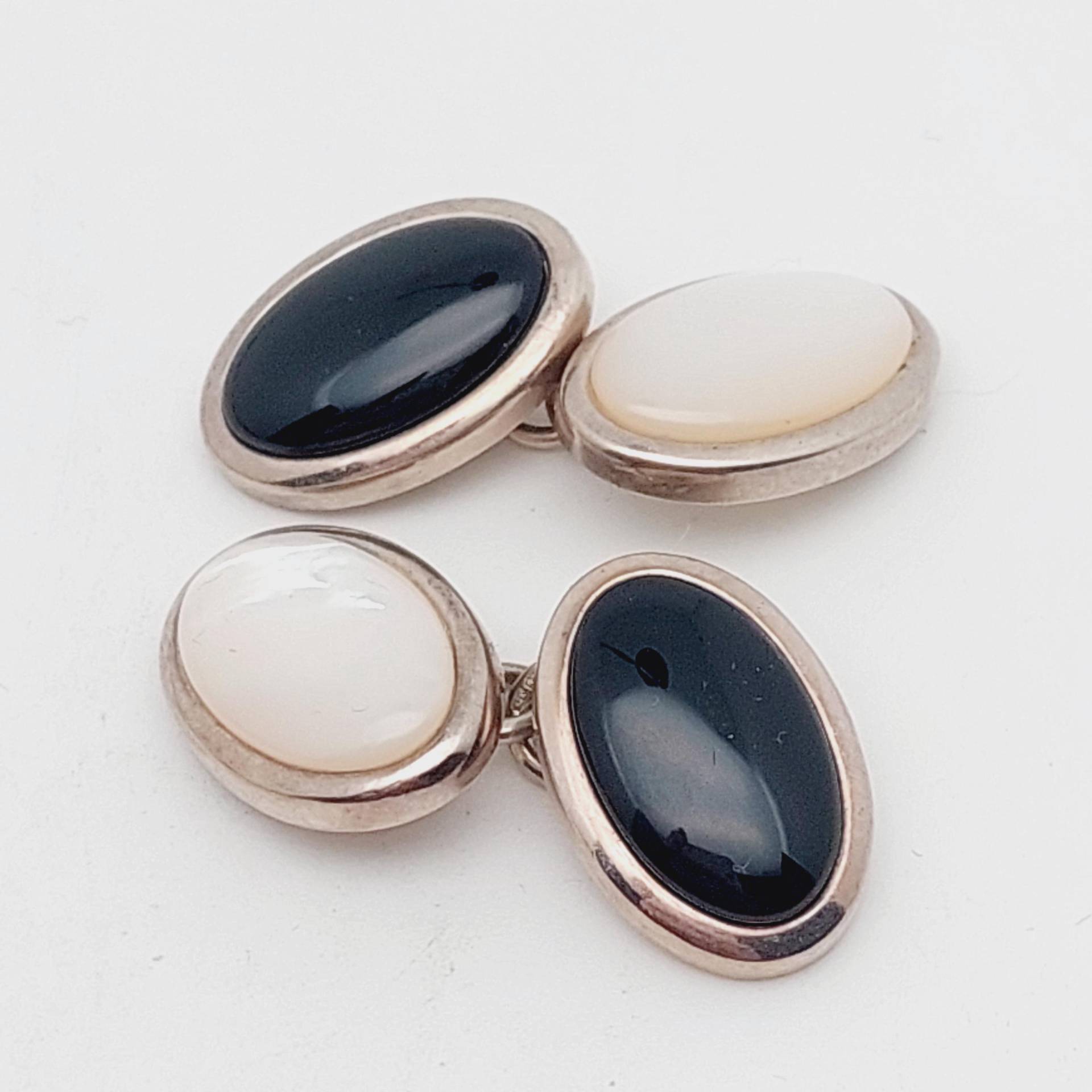 Mid-Century Manschettenknöpfe 925Er Silber Onyx Perlmutt Herrenschmuck Cufflinks von SchmuckparadiesShop