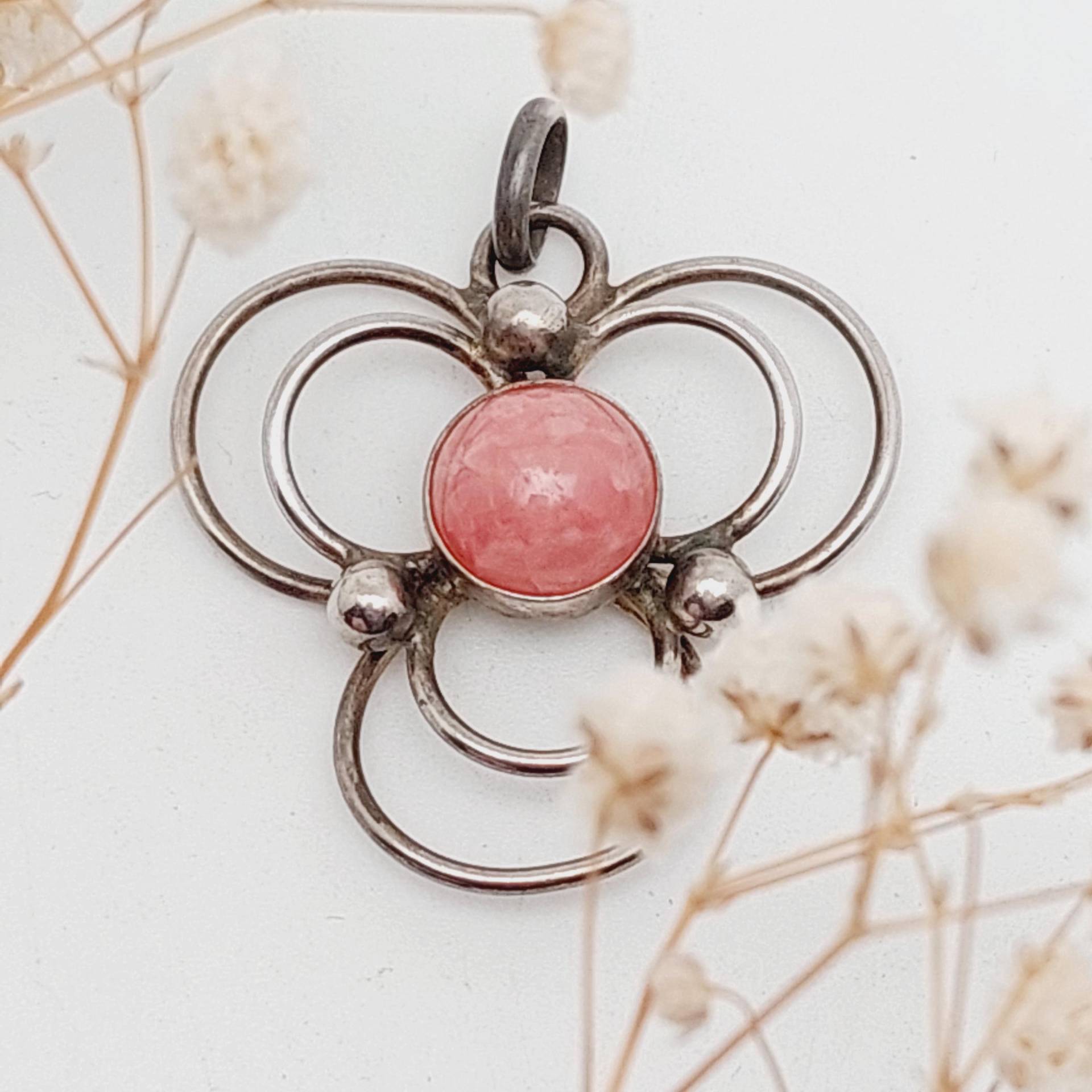 Modernist 925 Silber Anhänger Skandinavien Design 70Er Rhodochrosit Stein Brutalismus von SchmuckparadiesShop