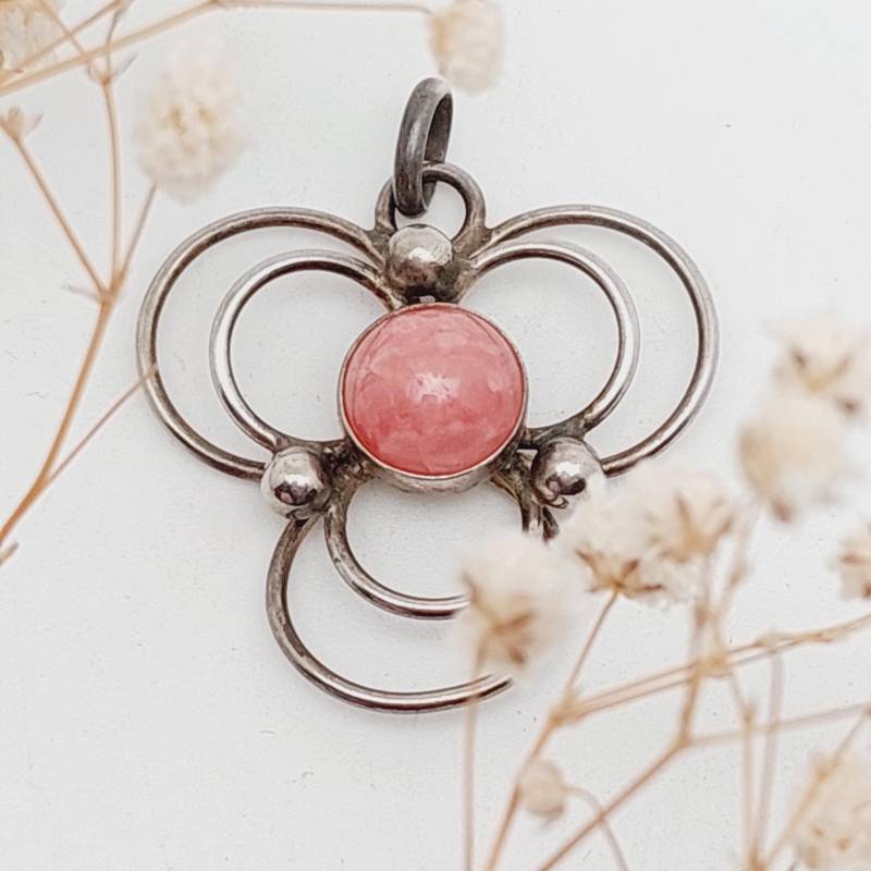 Modernist 925 Silber Anhänger Skandinavien Design 70Er Rhodochrosit Stein Brutalismus von SchmuckparadiesShop