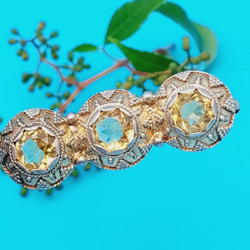 Schöne Antike 830Er Silber Stabbrosche Hell Gelber Stein Brosche von SchmuckparadiesShop