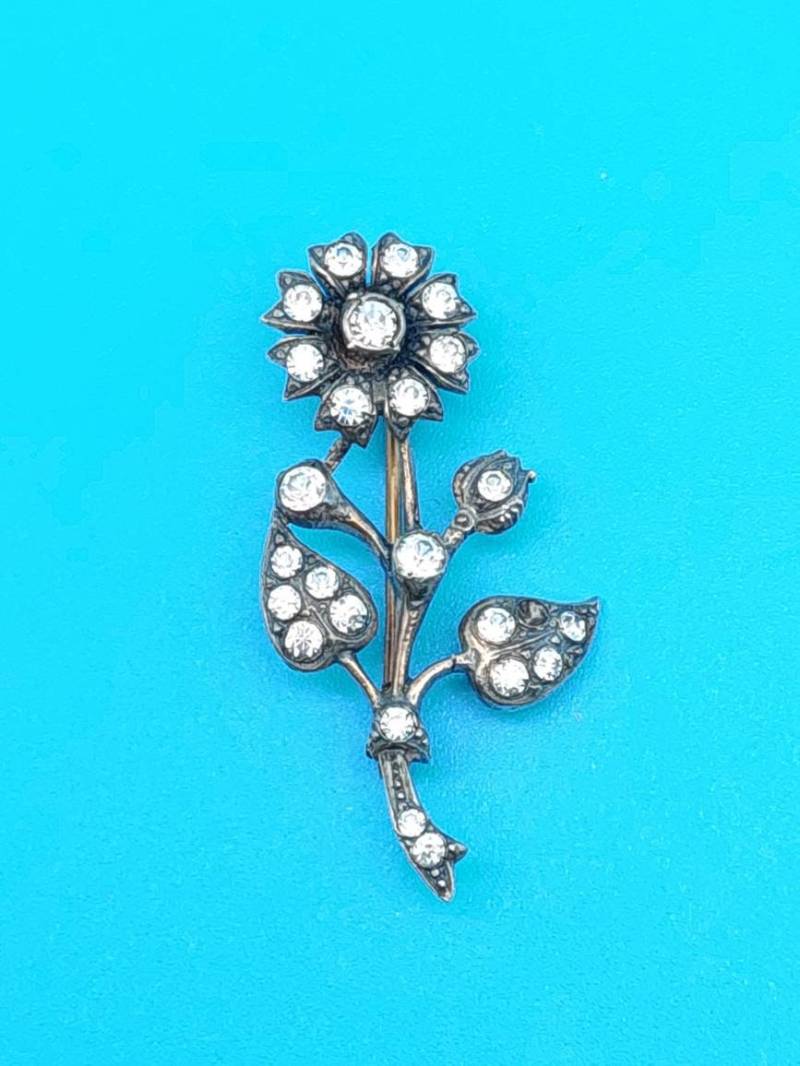 Schöne Antike 835Er Silber Stabbrosche Blumen Mit Strasssteinen Brosche von SchmuckparadiesShop
