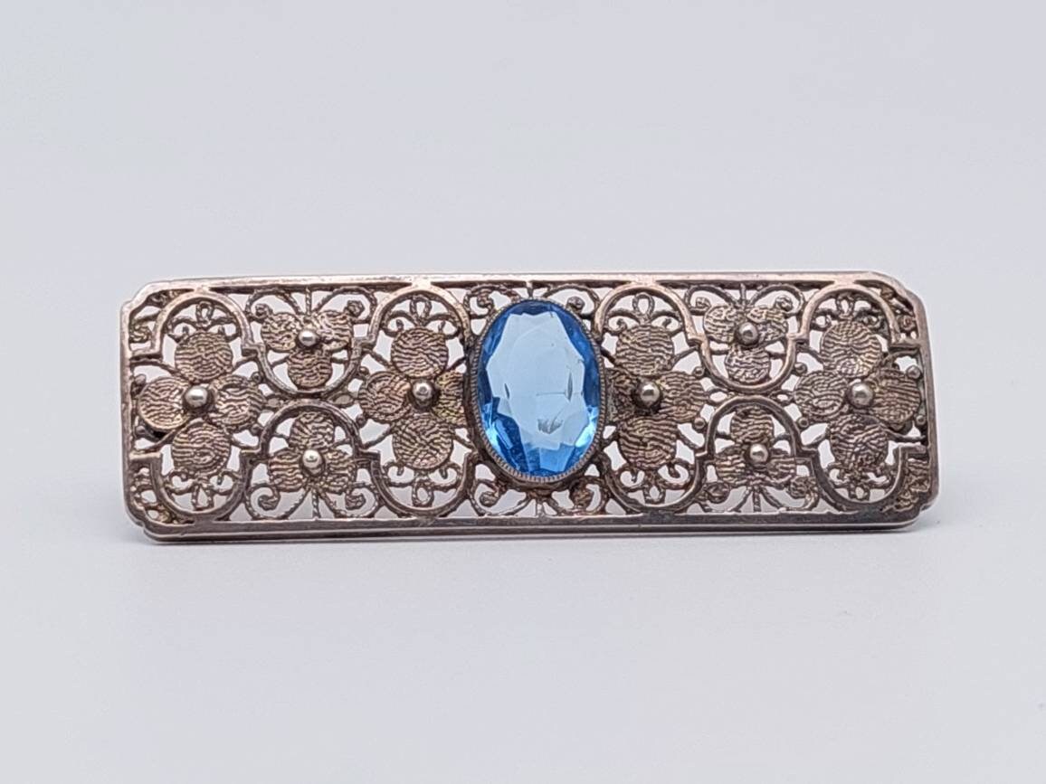 Schöne Antike 835Er Silber Stabbrosche Hell Blauer Stein Art Deco Brosche von SchmuckparadiesShop