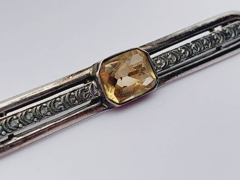 Schöne Antike 835Er Silber Stabbrosche Hell Gelber Stein Brosche von SchmuckparadiesShop