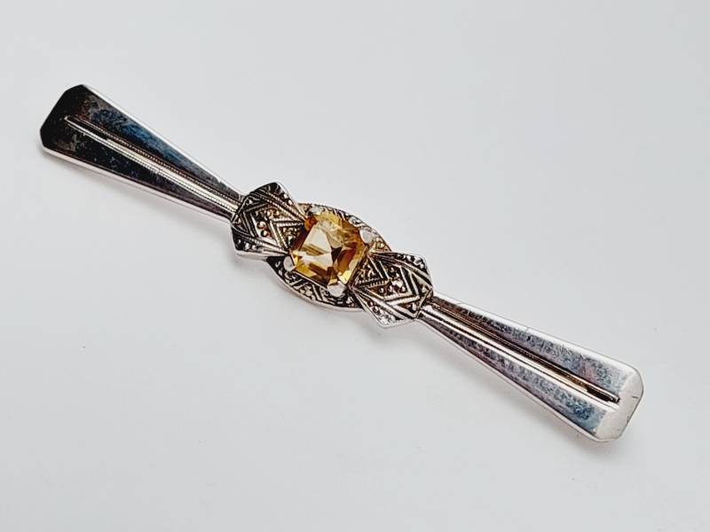 Schöne Antike 835Er Silber Stabbrosche Hell Gelber Stein Brosche von SchmuckparadiesShop