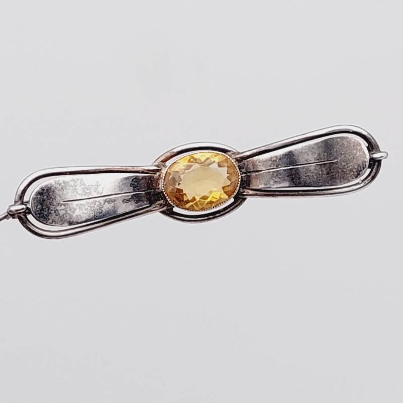 Schöne Antike 835Er Silber Stabbrosche Hell Gelber Stein Brosche von SchmuckparadiesShop