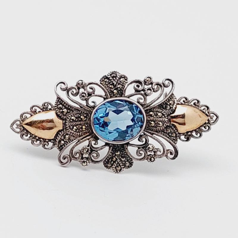 Schöne Antike 925Er Silber Brosche + 750Er Gold Aquamarin Farbender Blauer Stein Trachtenschmuck Schöne Antike 925Er Silber Brosche + 750Er Gold Aquamarin Farbender Blauer Stein Trachtenschmuck von SchmuckparadiesShop