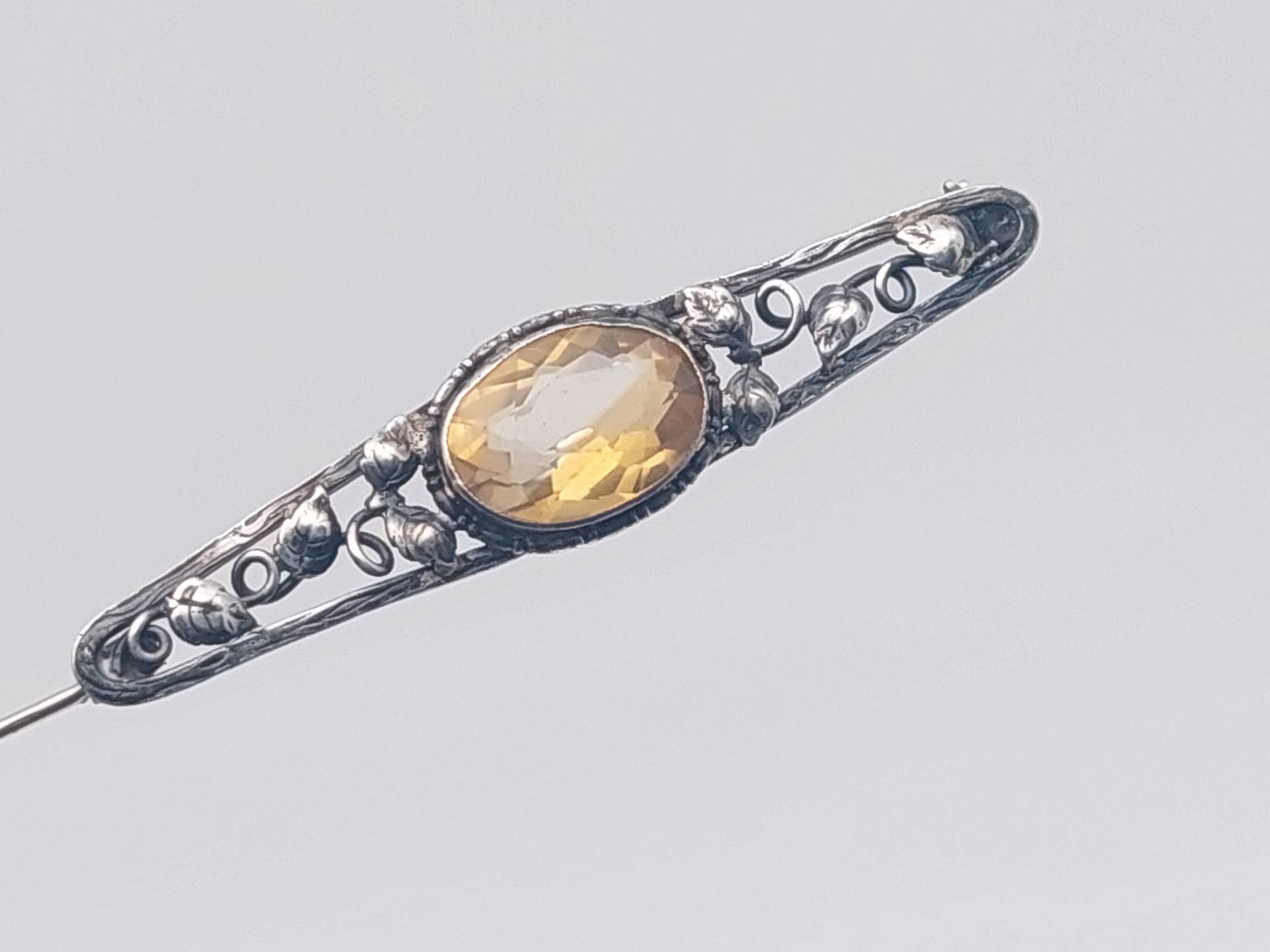 Schöne Antike 925Er Silber Stabbrosche Hell Gelber Stein Brosche von SchmuckparadiesShop