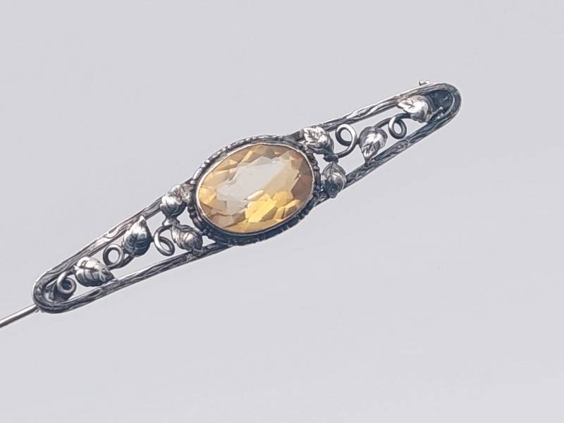 Schöne Antike 925Er Silber Stabbrosche Hell Gelber Stein Brosche von SchmuckparadiesShop
