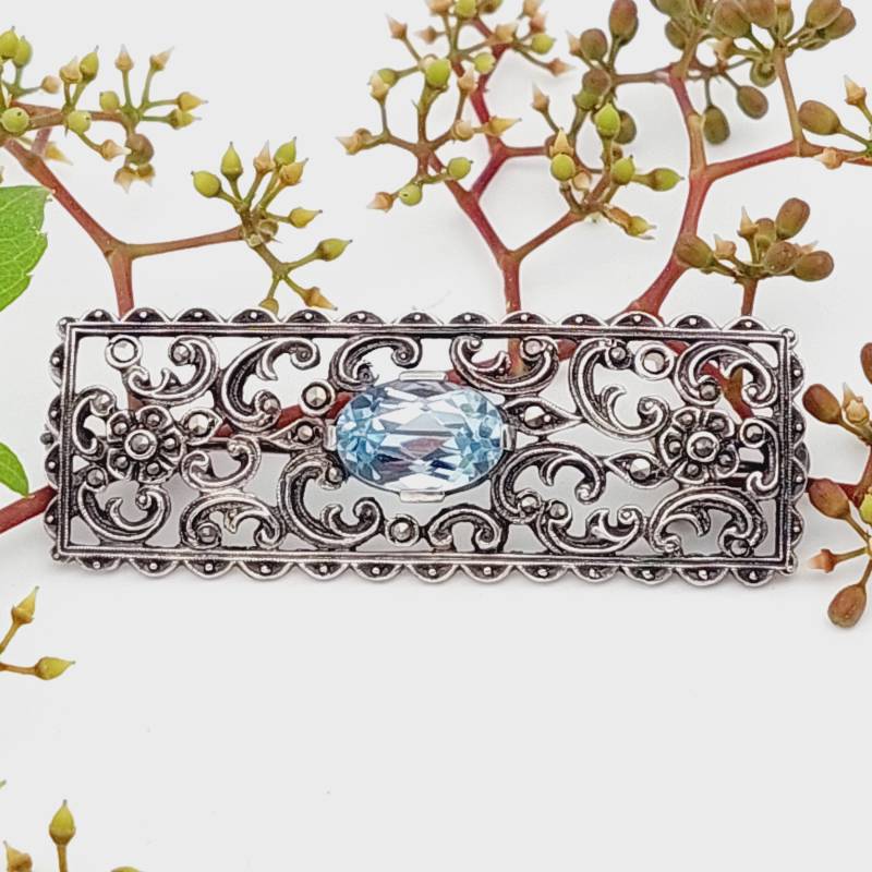 Schöne Antike 935Er Silber Brosche Jugendstil Aquamarin Farbender Blauer Stein von SchmuckparadiesShop