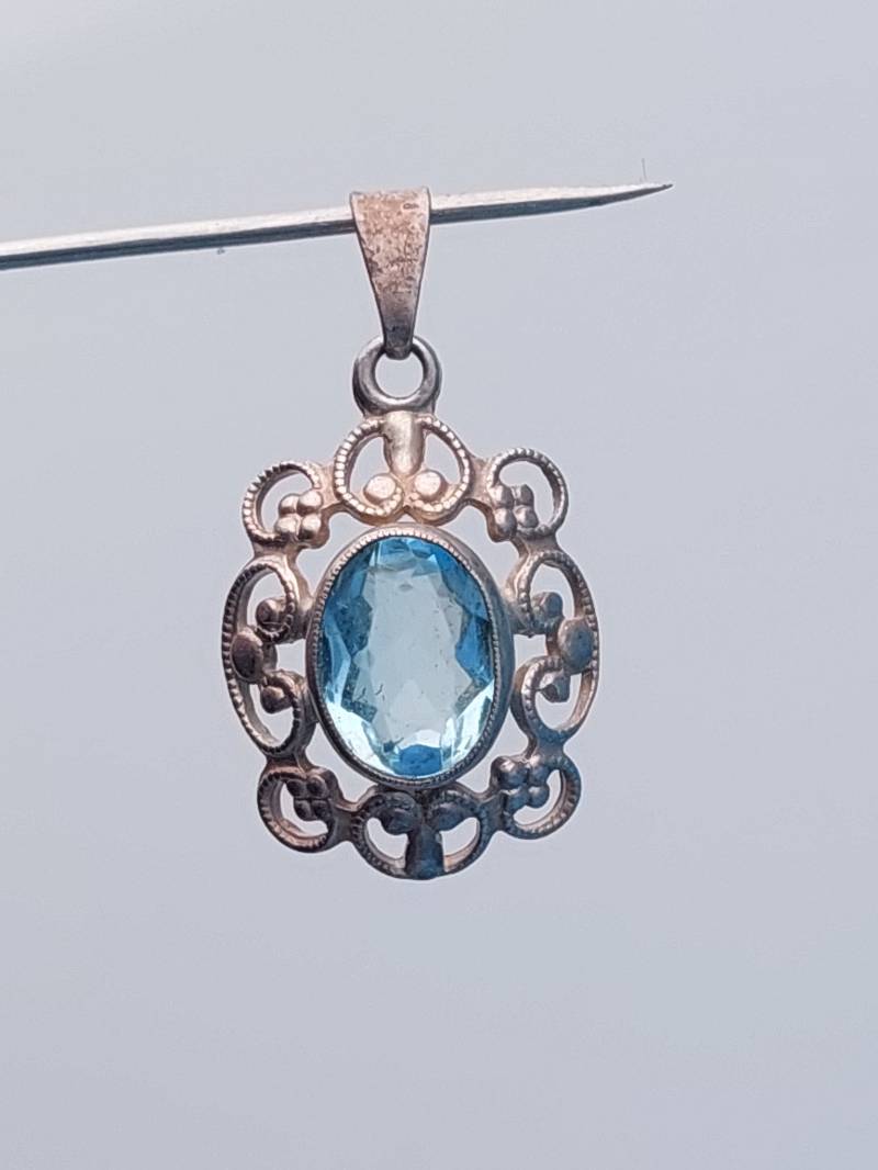 Sehr Schöner Antiker 835Er Silber Anhänger Jugendstil Hellblau Geschliffener Stein Aquamarin Farbend von SchmuckparadiesShop