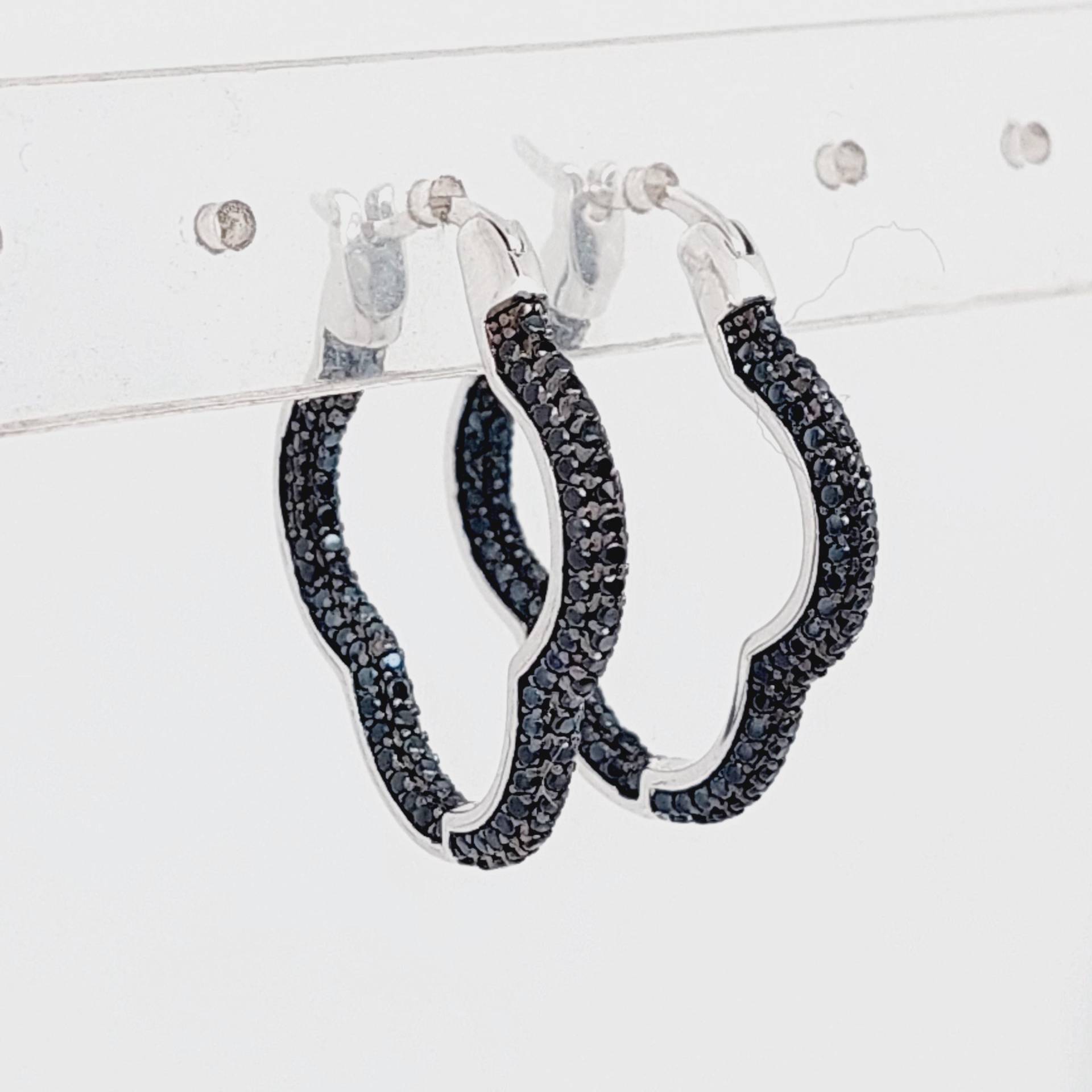 Vintage 925 Silber Creolen Glitzer Ohrringe Schwarze Zirkonia 2, 5 cm #406 von SchmuckparadiesShop