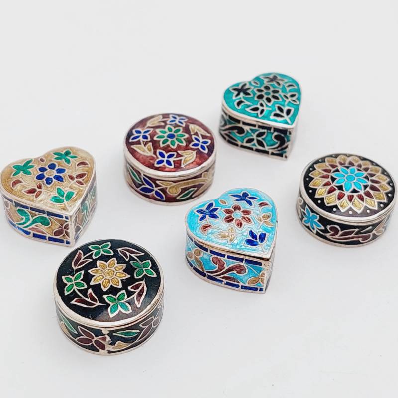 Vintage 925Er Silber Herz Runde Dose Email Blumen Pillendose Emaille Floral von SchmuckparadiesShop