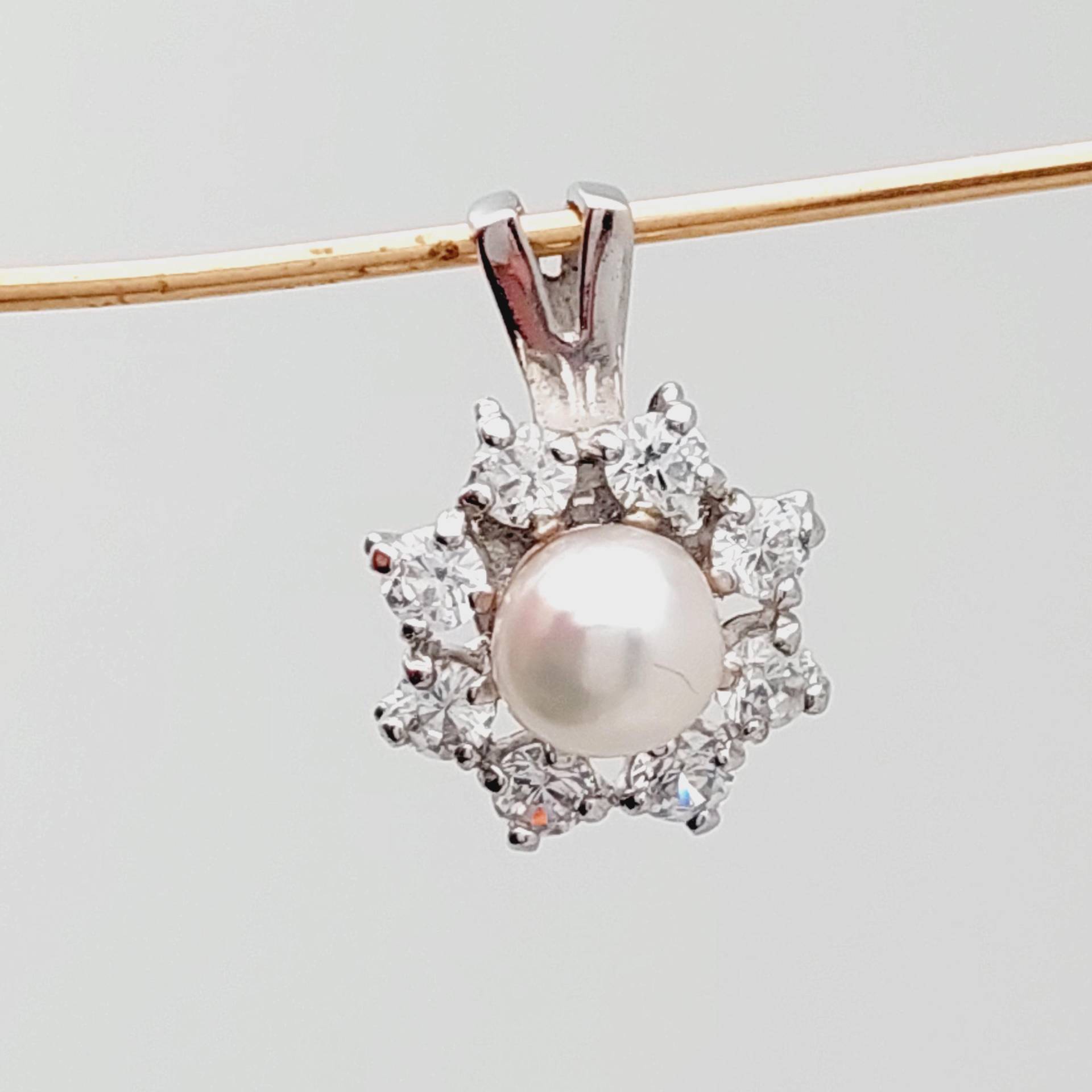 Vintage Anhänger 835Er Silber Blume Mit Zirkonia & Perle von SchmuckparadiesShop