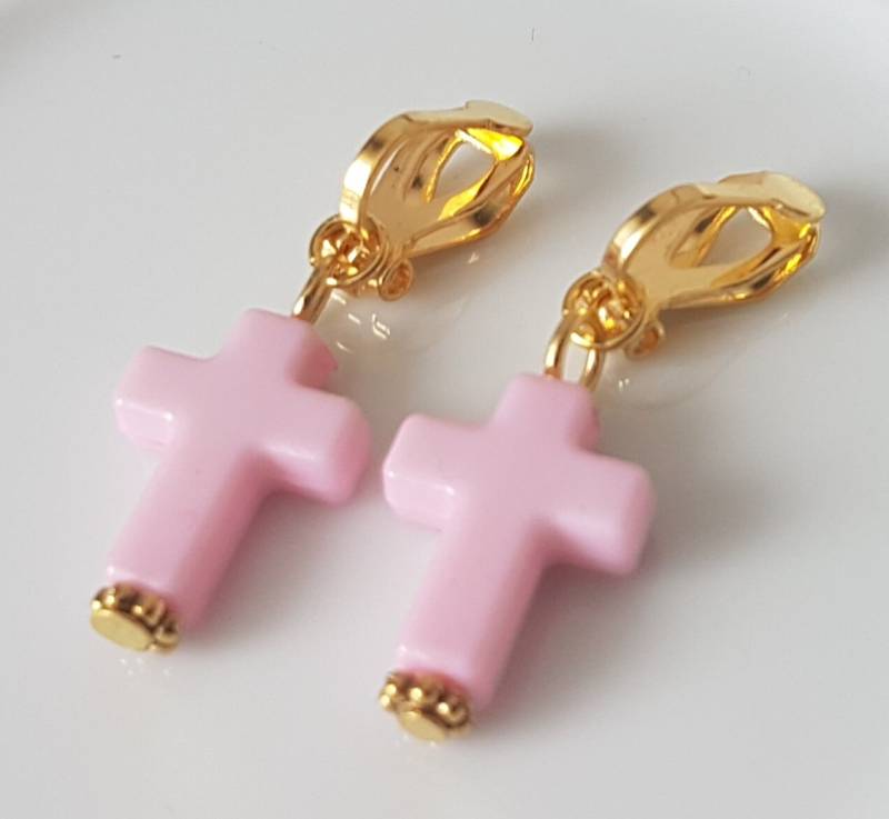 Kinderohrclips Clips Goldfarben Mit Rosa Kreuze von Schmuckperle3000