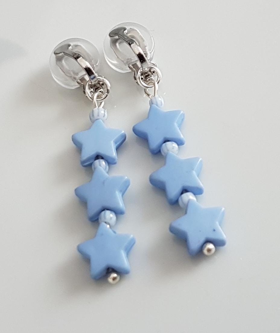 Kinderohrclips Clips Blaue Sterne Glasperlen Silikonpolster von Schmuckperle3000