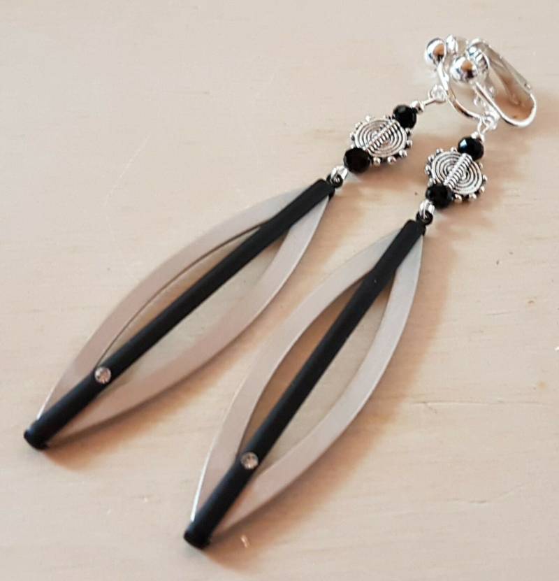 Ohrclips Schwarz Silberfarben Mit Strass Perlen von Schmuckperle3000