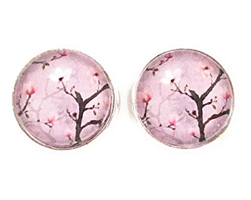 Glas-Cabochon Ohrstecker Magnolien-Blüten rosa 10mm Motiv handmade by Schmuckphantasien Kirsch-Blüten Geschenk handgemacht von Schmuckphantasien