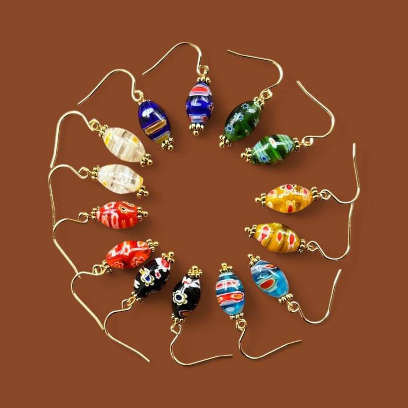 Glasohrringe "Multiperiod", Schmuck Inspiriert Von Antiken Stücken, Millefiori-Glas, Messing, Edelstahl, Vergoldetet von Schmuckschnitzerei