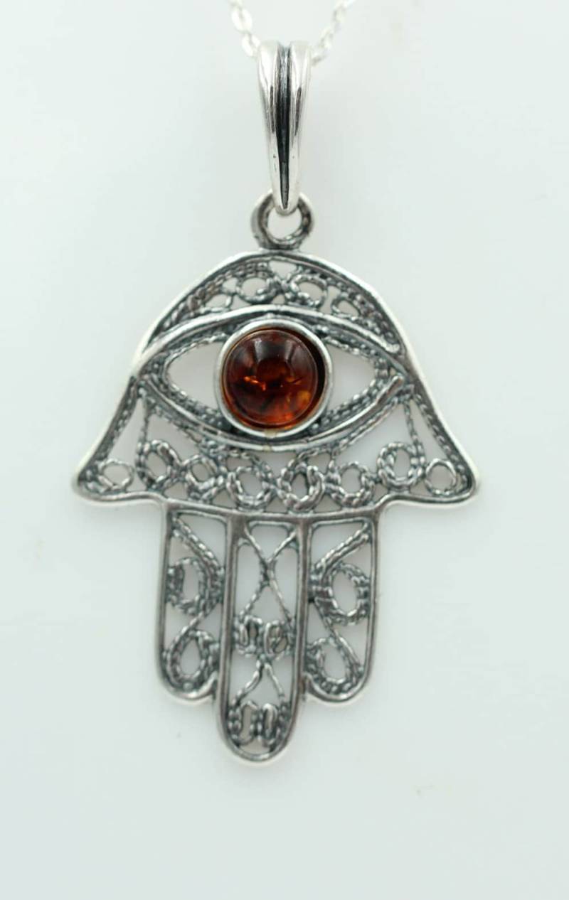 Bernstein Hand Der Fatima 925 Silber Collier Kette Bernsteinanhänger von Schmucktime