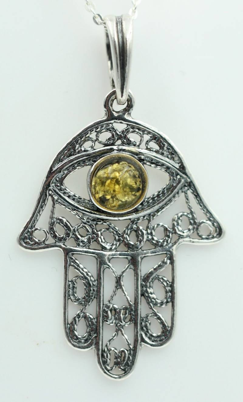 Bernstein Hand Der Fatima 925 Silber Collier Kette Bernsteinanhänger von Schmucktime