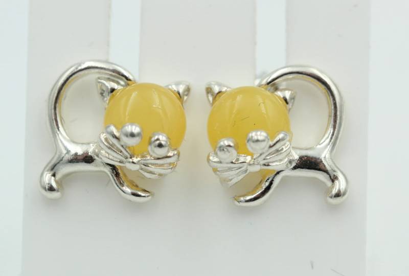 Bernstein Ohrstecker Katze 925 Silber Katzenohrstecker Mädchen Frauen von Schmucktime