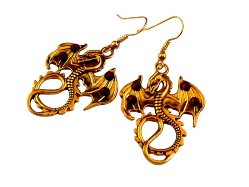 Drachen Ohrringe Goldfarben Larp Mittelalter Schmuck Mit Roten Kristallen Frau Freundin Geschenkidee Valentinstag von Schmucktruhe