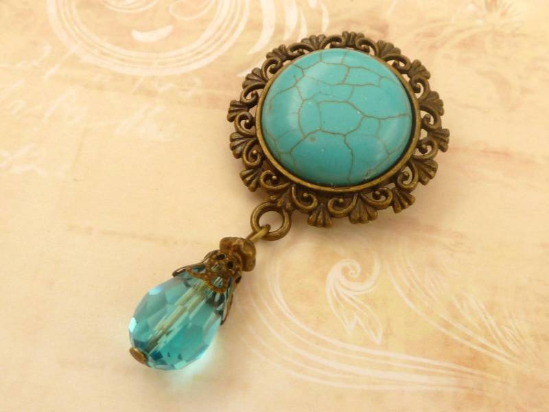 Edelstein Brosche Mit Türkis Cabochon Bronzefarben Glasschliffperle, Dekolletéschmuck, Reversschmuck, Taschenschmuck, Geschenk Für Sie von Schmucktruhe