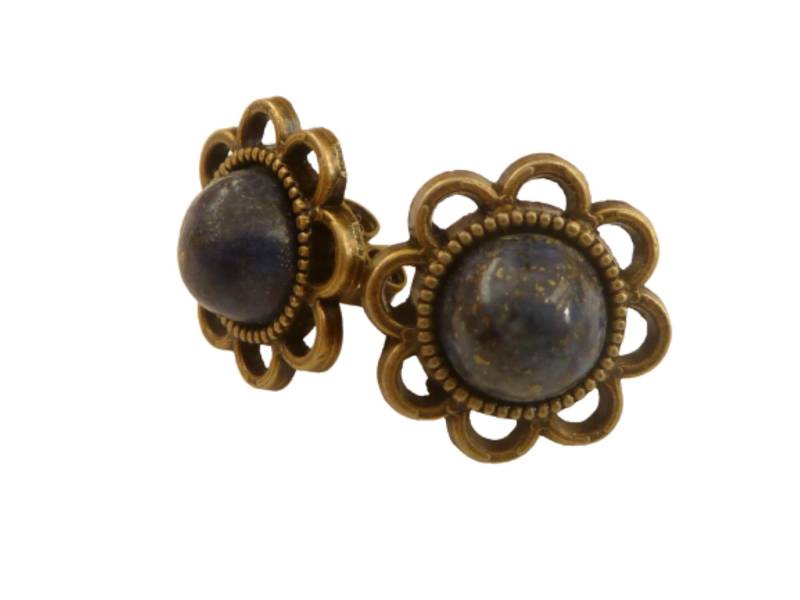 Edelstein Ohrstecker Mit Lapislazuli Cabochon Dunkblau Bronze Blütenform Edler Schmuck Geschenkidee Frau von Schmucktruhe