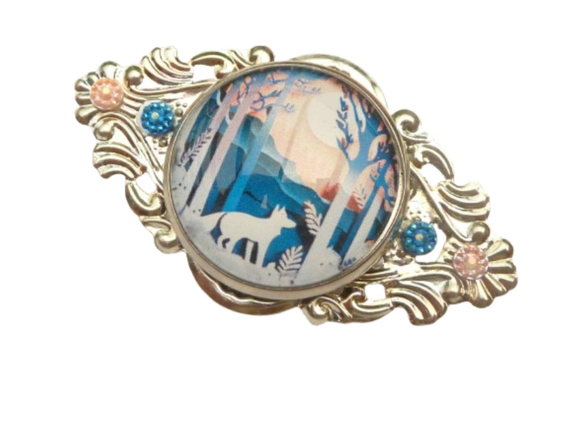 Edle Brosche Mit Wald Und Fuchs Motiv Blau Silberfarben Dekolletéschmuck Reversschmuck Taschenschmuck Jagd Schmuck Geschenkidee Jägerin von Schmucktruhe