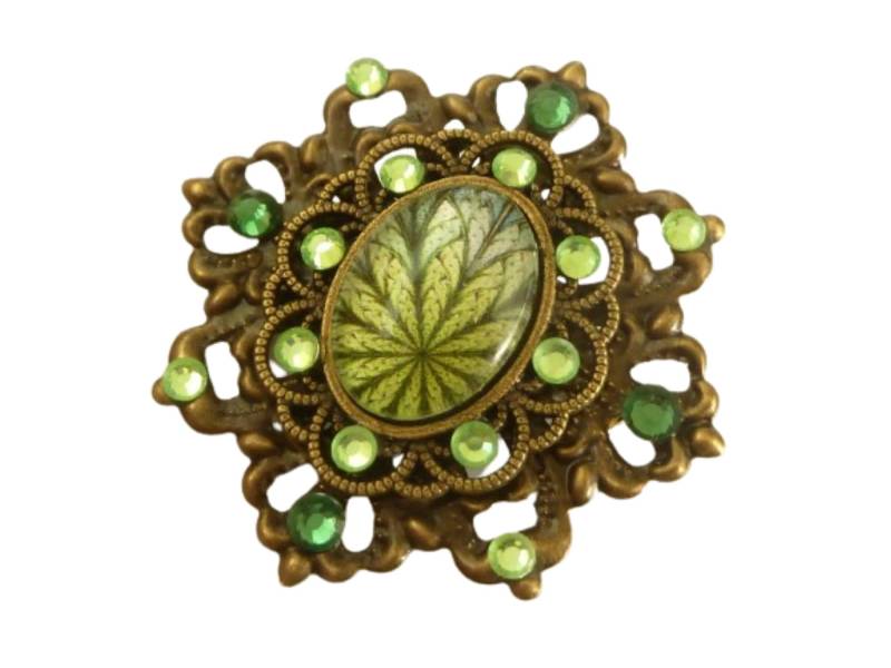 Edle Brosche Sternenform Mit Blatt Motiv Grün Bronze Strass Schmuck Dekollete Reversschmuck Geschenkidee Frau Freundin von Schmucktruhe